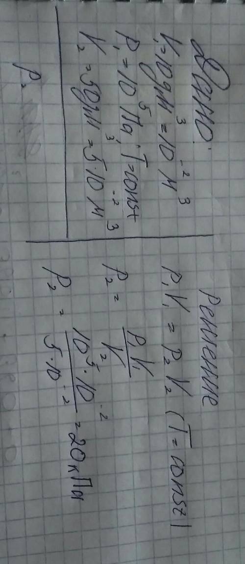 Идеальный газ находится под поршнем объёмом 10 дм3 при давлении 10 в 5 паскаль. Каким будет давление