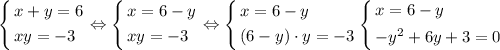 \[\left\{\begin{gathered}x+y=6\hfill\\xy=-3\hfill\\\end{gathered}\right.\Leftrightarrow\left\{\begin{gathered}x=6-y\hfill\\xy=-3\hfill\\\end{gathered}\right.\Leftrightarrow\left\{\begin{gathered}x=6-y\hfill\\(6-y)\cdot y=-3\hfill\\\end{gathered}\right.\left\{\begin{gathered}x=6-y\hfill\\-{y^2}+6y+3=0\hfill\\\end{gathered}\right.\]