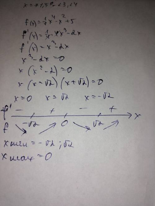 Исследуйте функцию f (x)=1/4x4-x2+5 на максимум и минимум