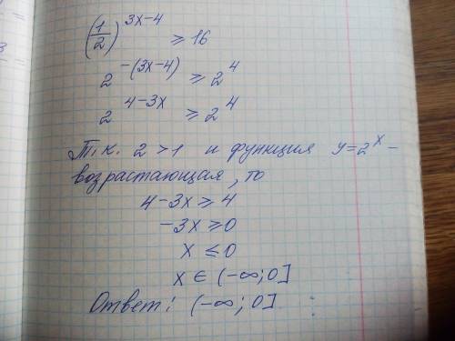 Решить неравенство (1/2)^(3x-4)>=16 с объяснением!