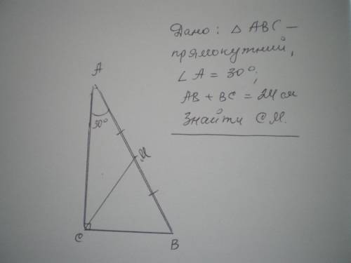 У прямокутному трикутнику Один з кутів дорівнює 30° сума меншого катета і гіпотенузи дорівнює 24 см