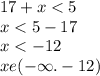 17 + x < 5 \\ x < 5 - 17 \\ x < - 12 \\ x e( - \infty . - 12)