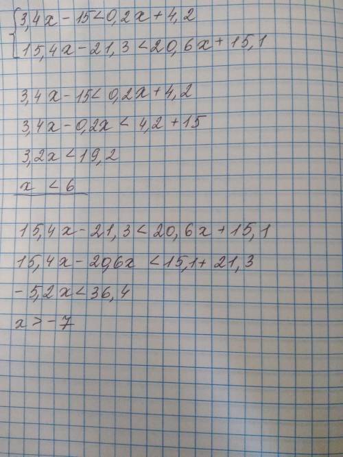 4. Найдите целые решения системы неравенств.3,4х-15< 0,2х+ 4,2С 15,4х-21,3< 20,6х+ 15,1.​