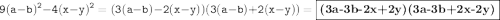 \displaystyle \tt 9(a-b)^2-4(x-y)^2=(3(a-b)-2(x-y))(3(a-b)+2(x-y))=\fbox{\textbf{(3a-3b-2x+2y)(3a-3b+2x-2y)}}