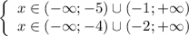 \left\{\begin{array}{ccc}x \in (-\infty; -5) \cup (-1; +\infty)\\x \in (-\infty; -4) \cup (-2; + \infty)\\\end{array}\right