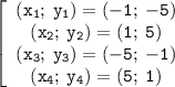 \left[\begin{array}{cccc} \displaystyle \tt (x_1;\:y_1)=(-1;\:-5) \\\displaystyle \tt (x_2;\:y_2)=(1;\:5)\\\displaystyle \tt (x_3;\:y_3)=(-5;\:-1)\\\displaystyle \tt (x_4; \:y_4)=(5;\:1)\end