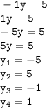 \displaystyle \tt -1y=5\\\displaystyle \tt 1y=5\\\displaystyle \tt -5y=5\\\displaystyle \tt 5y=5\\\displaystyle \tt y_1=-5\\\displaystyle \tt y_2=5\\\displaystyle \tt y_3=-1\\\displaystyle \tt y_4=1