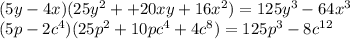 (5y-4x)(25y^2++20xy+16x^2)=125y^3-64x^3\\(5p-2c^4)(25p^2+10pc^4+4c^8)=125p^3-8c^1^2