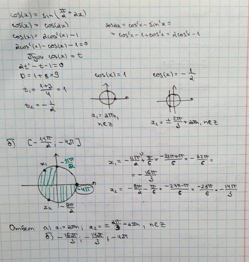 Решите уравнение cos(x)=sin(пи/2 + 2x) и выберите корни на отрезке [-11пи/2 ; - 4пи]​