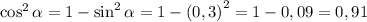 \cos^{2}\alpha = 1 - \sin^{2} \alpha = 1 - \left(0,3 \right)^{2} = 1 - 0,09 = 0,91