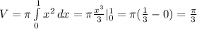 V = \pi \int\limits^1_0 {x^2} \, dx = \pi \frac{x^3}{3} | \limits^1_0 =\pi (\frac{1}{3} - 0)=\frac{\pi}{3}