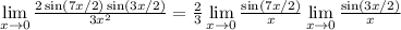 \lim\limits_{x\to0}\frac{2\sin(7x/2)\sin(3x/2)}{3x^2}=\frac{2}{3} \lim\limits_{x\to0}\frac{\sin(7x/2)}{x}\lim\limits_{x\to0}\frac{\sin(3x/2)}{x}