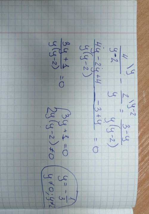 Решите дробное рациональное уравнение:4/y-2 - 2/y = 3-y/y(y-2)​