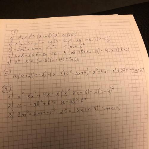 1. Разложите на множители: 1) а³ + 8b³; 3) -5m² + 10mn – 5n²; 5)а( в 4 степени) – 81. 2) x²y – 36y³