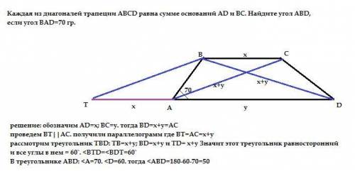 Каждая из диагоналей трапеции ABCD равна сумме оснований AD и BC. Найдите угол ABD, если угол BAD=70