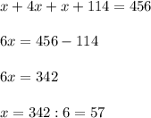 x + 4x + x + 114 = 456\\\\6x = 456 - 114\\\\6x=342\\\\x = 342: 6 = 57