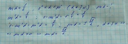 Дано: Cos альфа=1/2 0°<альфа<90° Найти: sin альфа