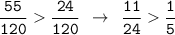 \displaystyle \tt \frac{55}{120}\frac{24}{120} \: \: \to \: \: \frac{11}{24}\frac{1}{5}