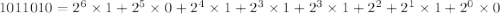 1011010 = {2}^{6} \times 1 + {2}^{5} \times 0 + {2}^{4} \times 1 + {2}^{3} \times 1 + {2}^{3} \times 1 + {2}^{2} + {2}^{1} \times 1 + {2}^{0} \times 0