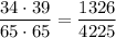 \dfrac{34\cdot 39}{65\cdot 65} = \dfrac{1326}{4225}