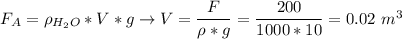 F_A = \rho_{H_2O}*V*g \to V = \dfrac{F}{\rho * g} = \dfrac{200}{1000 * 10} = 0.02~m^3