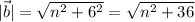 |\vec{b}| = \sqrt{n^{2} + 6^{2}} = \sqrt{n^{2} + 36}