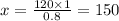 x = \frac{120 \times 1}{0.8 } = 150