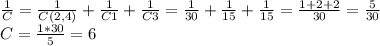 \frac{1}{C} =\frac{1}{C(2,4)} +\frac{1}{C1} +\frac{1}{C3}= \frac{1}{30} +\frac{1}{15} +\frac{1}{15}=\frac{1+2+2}{30}=\frac{5}{30}\\ C=\frac{1*30}{5} =6