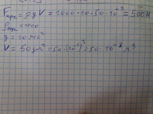 Какую силу нужно приложить чтобы удержать в воде кусок гранита объемом 50 дм в кубе?