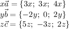 x\vec{a}=\{3x; \ 3x; \ 4x\}\\y\vec{b}=\{-2y; \ 0; \ 2y\}\\z\vec{c}=\{5z; \ -3z; \ 2z\}