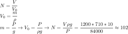 N = \dfrac{V}{V_0}\\V_0 = \dfrac{m}{\rho}\\m = \dfrac{P}{g} \to V_0 = \dfrac{P}{\rho g} \to N = \dfrac{V \rho g}{P} = \dfrac{1200*710*10}{84000} \approx 102