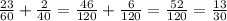 \frac{23}{60} +\frac{2}{40} =\frac{46}{120} +\frac{6}{120} =\frac{52}{120} =\frac{13}{30}