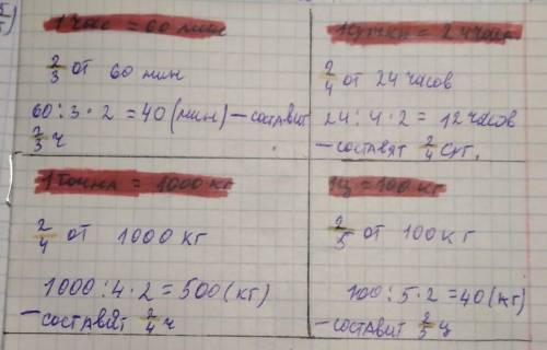 Исправь ошибки.2/3 ч=20 мин, 2/4 сутки=12 ч, 2/4 тонна=500кг, 2/5 ц= 4кг​