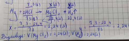 Обчисліть об‘єм солі та об‘єм газу,який виділиться при взаємодії магнію з хлоридною кислотою масою 7