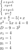 \left \{ {{x+y=5} \atop {xy=4}} \right. \\\left \{ {{x+y=5} \atop {y=\frac{4}{x} }} \right. \\x+\frac{4}{x} =5|*x\\x^2-5x+4=0\\D=9=3^2\\x_1=4\\x_2=1\\y_1=1\\y_2=4