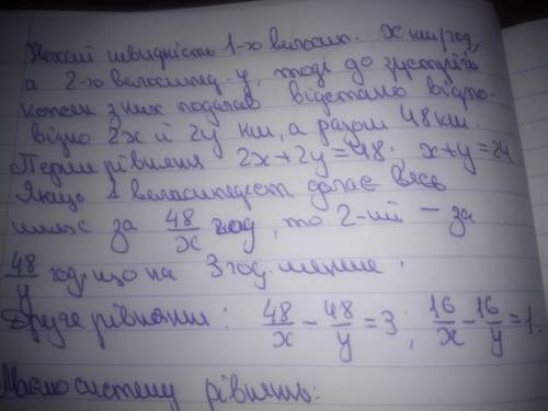 Із двох міст відстань між якими 48 км, вирушили одночасно назустріч один одному 2 велосипедисти, які