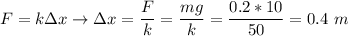 F = k\Delta x \to \Delta x = \dfrac{F}{k} = \dfrac{mg}{k} = \dfrac{0.2*10}{50} = 0.4~m