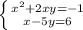 \left \{ {{x^2 + 2xy=-1} \atop {x-5y=6}} \right.