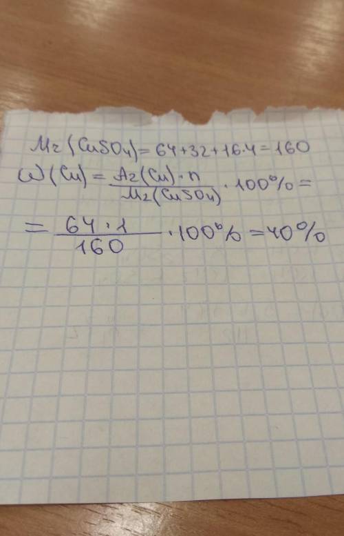 Массовая доля меди (%) в сульфате меди (ІІ) равна: а)10; в) 20; с) 30; д) 40; е) 50