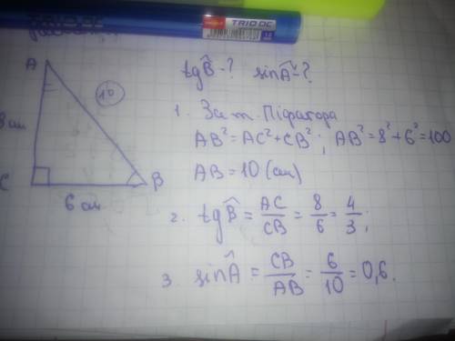 До ть будь ласка розв'язати задачу: У трикутнику ABC, кут C=90°, AC=8см, BC=6 см Знайти: 1) tg B-?