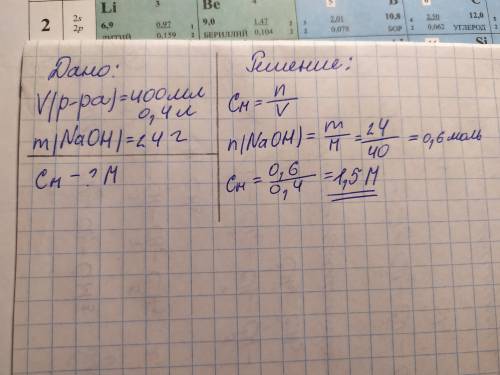 Определите молярную концентрацию раствора ,в 400 мл которого содержится 24 г гидроксида натрия​