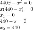 440x - x {}^{2} = 0 \\ x(440 - x) = 0 \\ x _{1} = 0 \\ 440 - x = 0 \\ x _{2} = 440