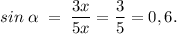 sin \; \alpha \; = \; \dfrac{3x}{5x} = \dfrac{3}{5} = 0,6.