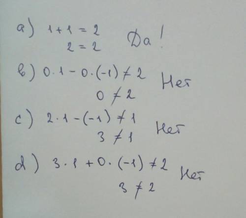 Решением какого уравнения является пара чисел (1; -1)? A) x²+y²=2 B) 0•x-0•y=2 C) 2x-y=1 D)3x+0•y