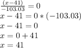 \frac{(x-41)}{-103.03} =0\\x-41=0*(-103.03)\\x-41=0\\x=0+41\\x=41