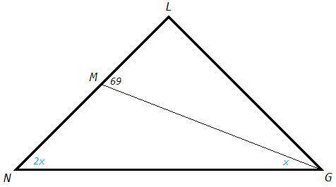В равнобедренном треугольнике NLG проведена биссектриса GM угла G у основания NG,∡ GML = 69°. Опреде