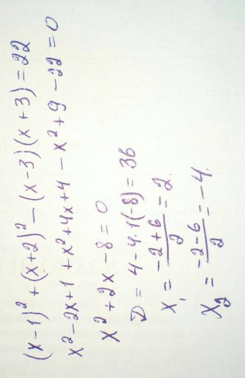 Розв‘яжіть рівняння (x-1)^2+(x+2)^2-(x-3)(x+3)=22