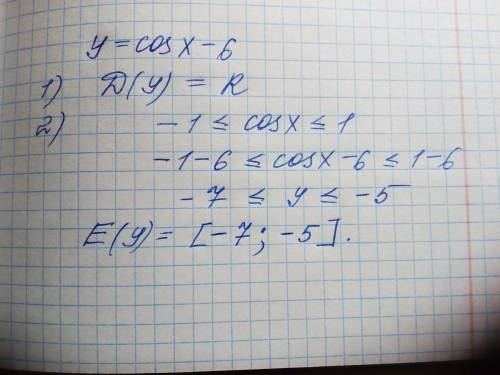 Найдите область определения и множество значений функции y=cos x-6