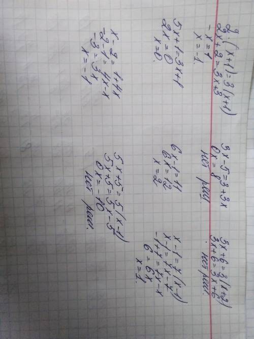 8) 2*(х+1)=3*(х+1) 9)3х-5=3+3х; 10)3х+6=3*(х+2); 11)5х+1=3х+1; 12)6х-1=11; 13)х-1=7*(х-1); 14)х-2=1