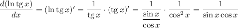 \dfrac{d(\ln \text{tg} \, x)}{dx} = (\ln \text{tg} \, x)' = \dfrac{1}{\text{tg} \, x} \cdot (\text{tg} \, x)' = \dfrac{1}{\dfrac{\sin x}{\cos x} } \cdot \dfrac{1}{\cos^{2}x} = \dfrac{1}{\sin x \cos x}